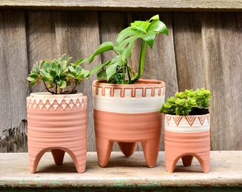 Terracotta and White Geometric Footed Patterned Pot Planters