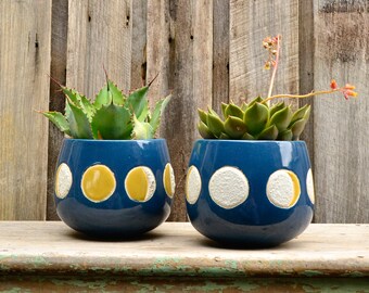 Ceramic Glazed Blue and Yellow Moon Phase Planter