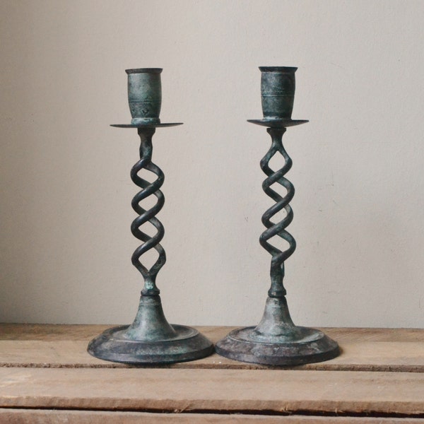 Pair of Solid Brass Indian Candlesticks with Faux Patina Effect