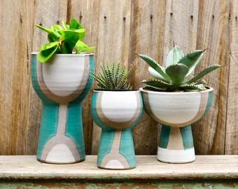 Teal and White Decorative Modern Pedestal Planters