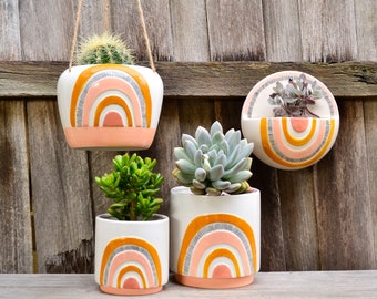 Ceramic White, Mustard and Peach Woodstock Pot Planters