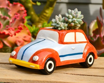 Retro White and Blue Hand Painted Beetle Buggy Vehicle Pot Planters