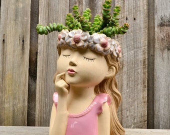 Cute Ceramic Earthenware and Glazed Floral Bonnie Girl Planter
