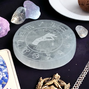 Personalised Selenite Crystal Charging Plate 10cm, Gift for Crystal Lover, Cleansing, Witch, Wiccan, Pagan, Zodiac, Astrology, Round Disc