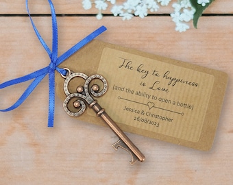 Key bottle opener wedding favours with personalised tags and coloured ribbons, favours for guests, unusual wedding favours, rustic, alcohol