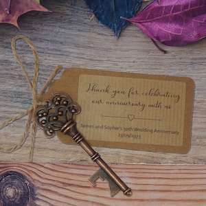Anniversary Favours, Vintage Key Bottle Opener with Personalised Label, Wedding Party Favours for Guests, Quantity Options Available
