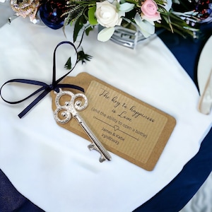 Silver key bottle opener wedding favours with personalised tags and coloured ribbons, favours for guests, unusual wedding favours, rustic