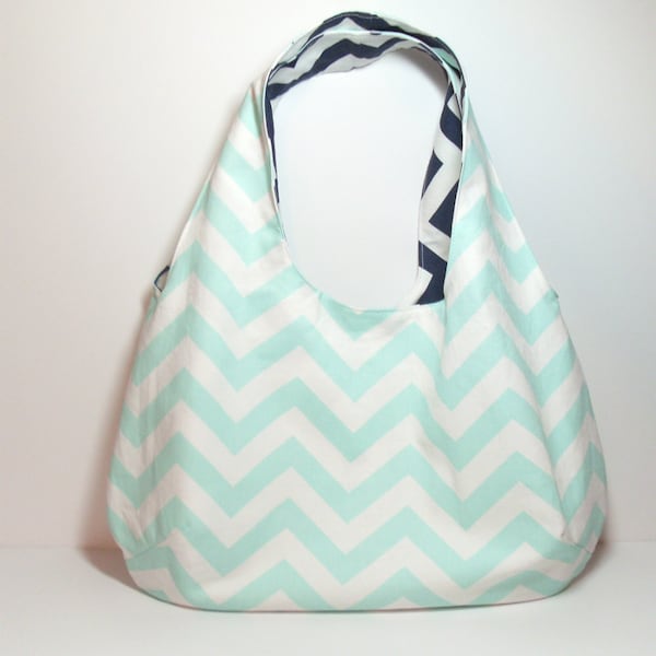 Mint Reversible Bag, Navy Reversible Bag, Reversible Hobo Bag, Customize, Large Hobo Bag, Large Mint Bag, Casual Mint Bag, Navy Chevron Bag