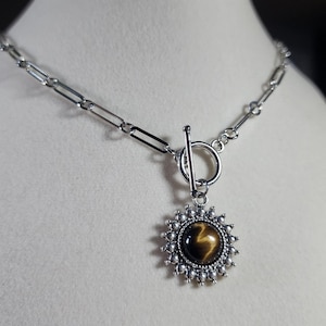 Tiger's Eye Sun Pendant Paperclip Chain Toggle Necklace