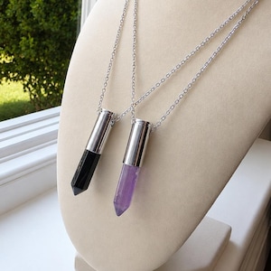 Amethyst or Black Onyx Bullet Casing Necklace, Genuine Gemstone Point Pendant, Repurposed Spent Shell, Stainless Steel Chain