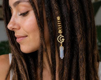 Colgante de cuarzo con luna y estrella dorada para rastas / Joyería bohemia para rastas / Accesorio para cabello trenzado / Espiral