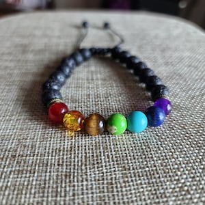 Seven Chakra Lave Stone Bracelet, Chakra Gemstones, Unisex, Adjustable