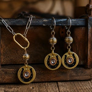 Mixed Metal Shotgun Slice Horseshoe Hand Stamped Earrings & Carabiner Necklace Set
