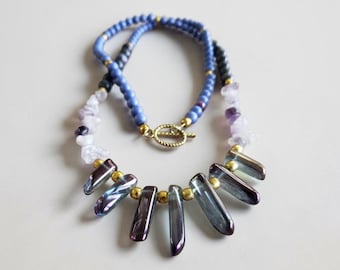 Purple Jasper, Amethyst, Gemstone, Crystal Pendant Beaded Necklace
