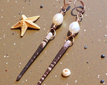 Freshwater Pearl & Tiger Sea Urchin Spine Earrings | Copper Wire Wrapped Dangles