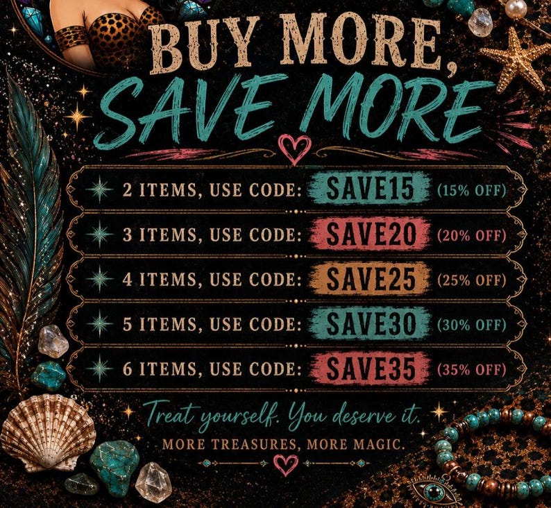 May include: A promotional graphic with a black background featuring the text BUY MORE, SAVE MORE. It lists discount codes: 2 items use SAVE15 for 15% off, 3 items use SAVE20 for 20% off, 4 items use SAVE25 for 25% off, 5 items use SAVE30 for 30% off, and 6 items use SAVE35 for 35% off.