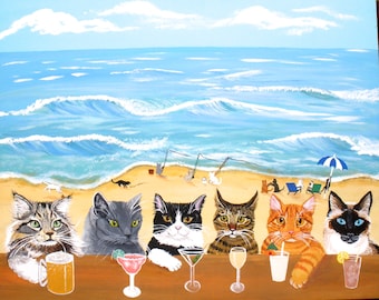 Cat Art, Cats at the Beach Bar print, cat bar, cat print, cat lovers gift, fun cat art, fun cat print, fun cat painting