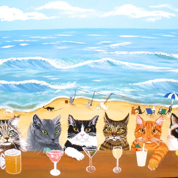 Cat Art, Cats at the Beach Bar print, cat bar, cat print, cat lovers gift, fun cat art, fun cat print, fun cat painting