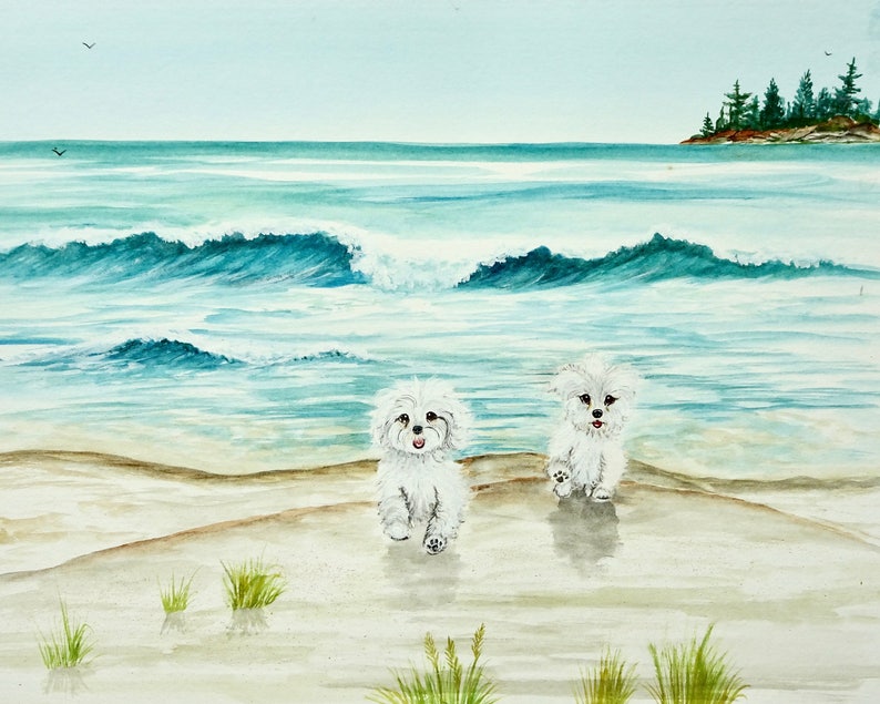 Maltese Art, Maltese Beach Print, Maltese print, fun Maltese dogs, Maltese beach, Maltese lover gift image 1