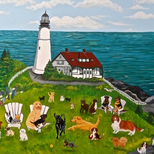Dog Art, Lighthouse Dog Playground, Lighthouse dogs, dog art, dog print