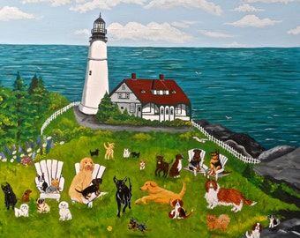 Dog Art, Lighthouse Dog Playground, Lighthouse dogs, dog art, dog print