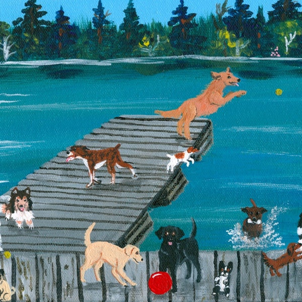 Dog Art, Dogs at the Lake, dog lake, dogs swimming, dog painting, fun dog art, dogs on the dock, dog fun