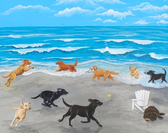 Dog Art, Labrador Retriever, Golden Retriever, at the Beach, dog art, dog print, fun dog art, retriever art, retriever print