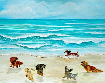 Dachshund Art, Dachshund Beach Print, Dachshund print, fun Dachshund art, Dachshund beach, Dachshund painting, Dachshund lover gift