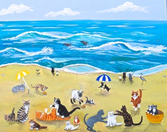 Cat Art, Cats at the Beach print, cat beach, cat print, cat lovers gift, fun cat art, fun cat print, fun cat painting