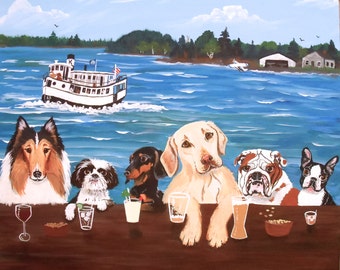 Dog Art, Dogs at the Lake Bar print, Dog bar, dogs at the lake, lake dogs,