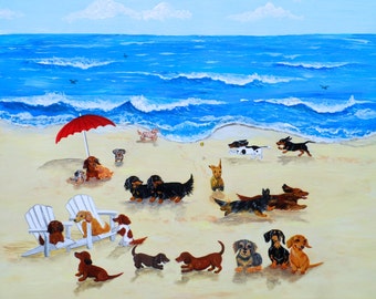 Dachshund Beach Print, Dachshund art, dachshund painting, dachshund print, dog painting, dog art, fun dog art, dog beaches, dachshunds