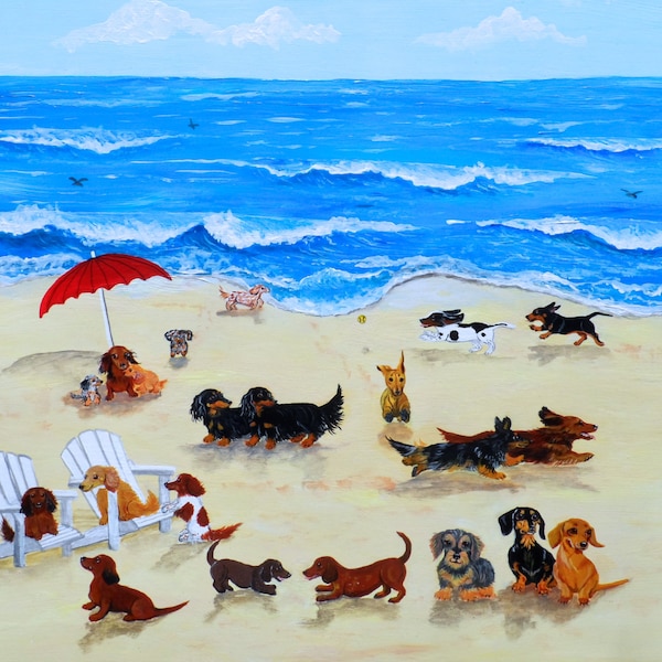 Dachshund Beach Print, Dachshund art, dachshund painting, dachshund print, dog painting, dog art, fun dog art, dog beaches, dachshunds