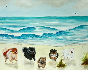 Pomeranian Art, Pomeranian Beach  Print, Pomeranian print, fun Pomeranian art, Pomeranian beach, Pomeranian painting, Pomeranian lover gift