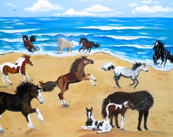 Horse Art, Horses at the Beach Print, horse lover gift, horse beach, horse art, horse artwork, horses at the beach