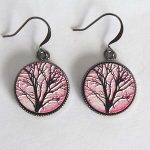 Gunmetal and Wood Drop Earrings, Gunmetal Bezel with Wood Cabochons in Light Pink and Black Etched Tree