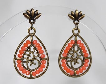 Peach Beaded Earrings Antique Brass Teardrops with Peach Glass Beads