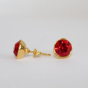 Red Crystal Post Earring, Gold Studs with Round Red Crystals