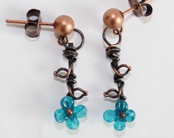 Antique Copper and Blue Glass Flower Dangle Post Earrings