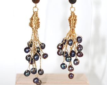 Pearl Dangle Earrings, Gold Wire Wrapped 3mm Fresh Water Pearls with Gold Posts