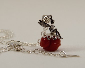 3-D 925 Sterling Fairy and Red Carved Coral Rose Necklace