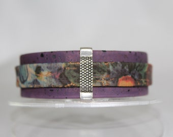 Layered Cork Bracelet, Purple Cork with Layered with Water Colored Cork Strip, Vegan Jewelry