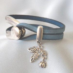 Denim Colored Leather Wishbone Bracelet with Leaf and Ladybug