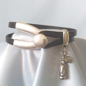 Beer Charm Bracelet 5mm Black Leather and Antique Silver Beer Bottle Charm