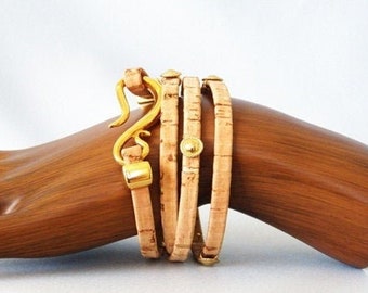 Natural Cork Wrap Bracelet with Gold Flecks and Gold Pinch Embellishments