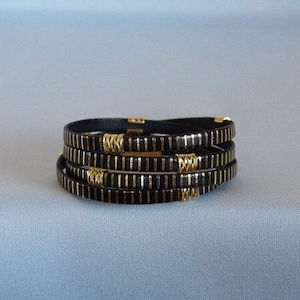 5mm Black and Gold Striped  Leather with Gold Pinch Beads Wrap Bracelet