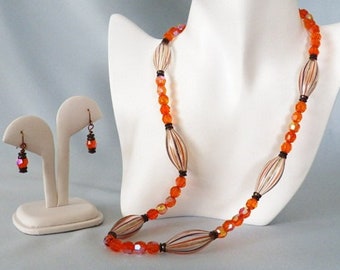 Orange and Brown Crystal and Oval Blown Glass Beaded Necklace & Earrings