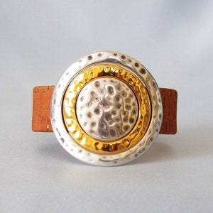 Gold and Silver Hammered Disc and Cork Bracelet