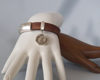 Distressed Leather Initial Charm Bracelet, Personalized Bracelet
