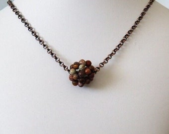 16mm Brown Jasper Beaded Bead and Antique Copper Rolo Chain Necklace