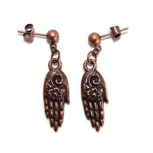 Copper Hand Earrings Antique Copper Hands with Flower and Round Posts